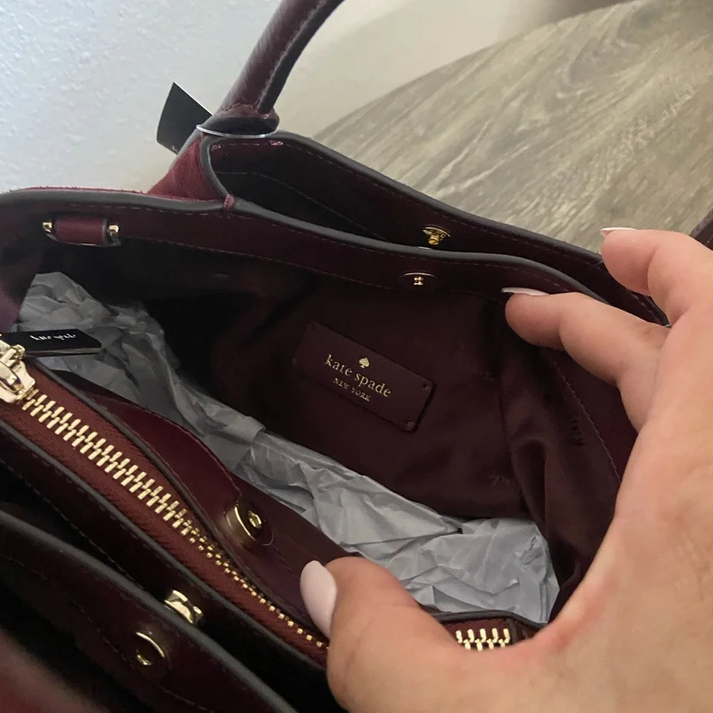 Kate Spade Dark Merlot Suede Satchel
Measurements: Length 9.88  Height 8 - Picture 5 of 12